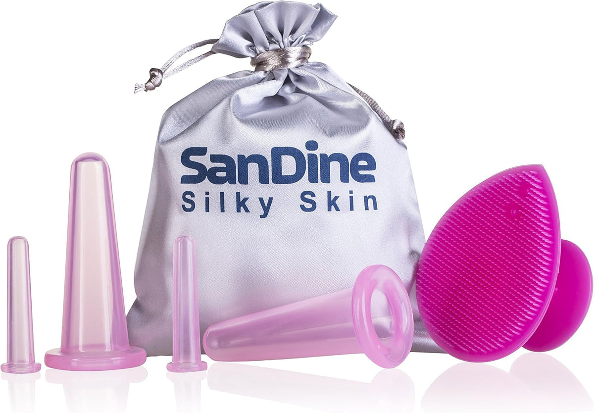 Face Cupping Set - Cupping Therapy Sets - Facial Cupping System - Silicone Massage Cups - Double Chin Reducer - Cupping for Cellulite Kit - Ideal to Shape Your Cheeks and Chin - by Sandine (Pink)