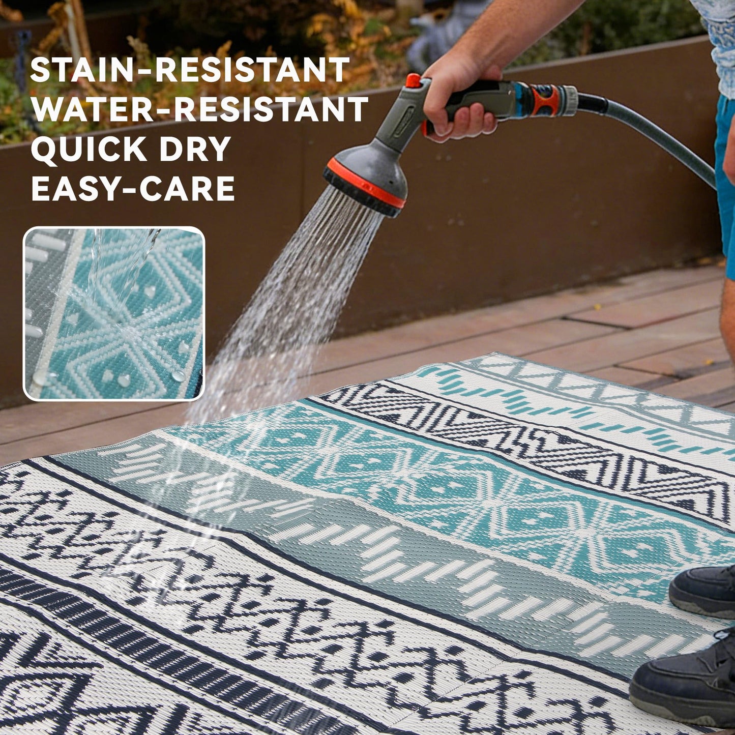 Strickland Home Outdoor Rug Waterproof 5 x 8 ft, Reversible Plastic Straw Rug for Patio, Large Outdoor Carpet for RV, Patio, Camping, Backyard, Deck, Picnic, Beach, Blue & Grey