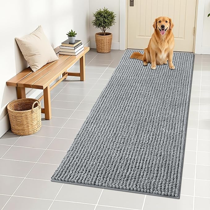 OLANLY Dog Door Mat for Muddy Paws 59x24, Ultra Absorbent Chenille Mud Doormat, Non-Slip Washable and Dirt Trapping Doormat for Indoor Entryway, Quick-Dry Indoor Pet Bed Mats for Dogs, Grey
