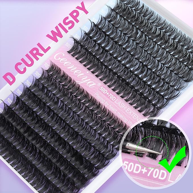 Geeneiya Wispy Lash Clusters Kit 50D+70D Lash Extension Kit 10-18mm Cluster Eyelash Extensions Kit Natural Individual Lashes Kit with Waterproof Lash Bond and Seal Glue Lash Tweezers for Beginners