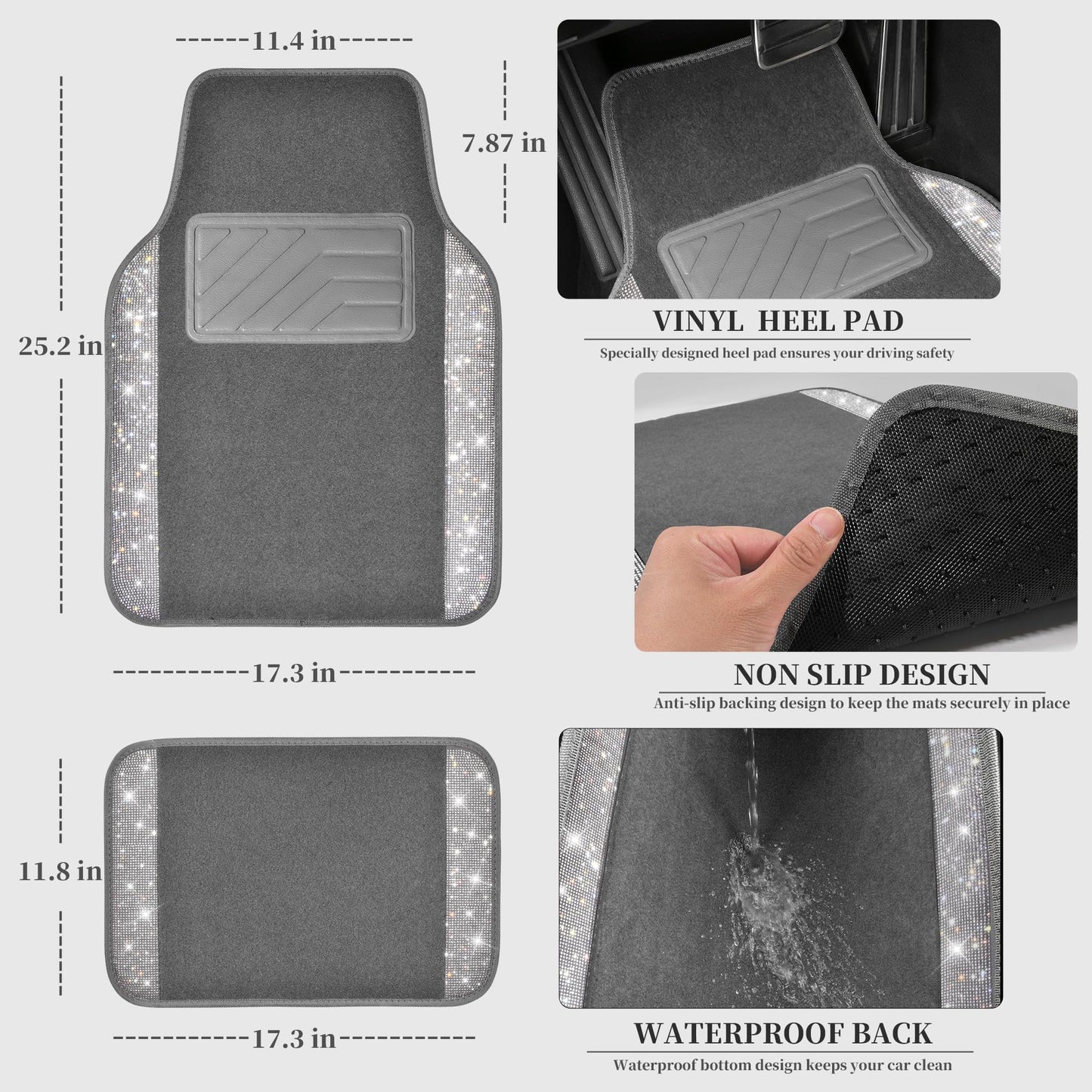 CAR PASS Bling Diamond Car Mats Shining Carpet Crystal Rhinestones Sparkly Glitter Floor Mats with Anti-Slip PVC Heel Pad Universal Fit for Automotive SUV, Sedan, Car, Van, 4pcs for Girl Women, Gray