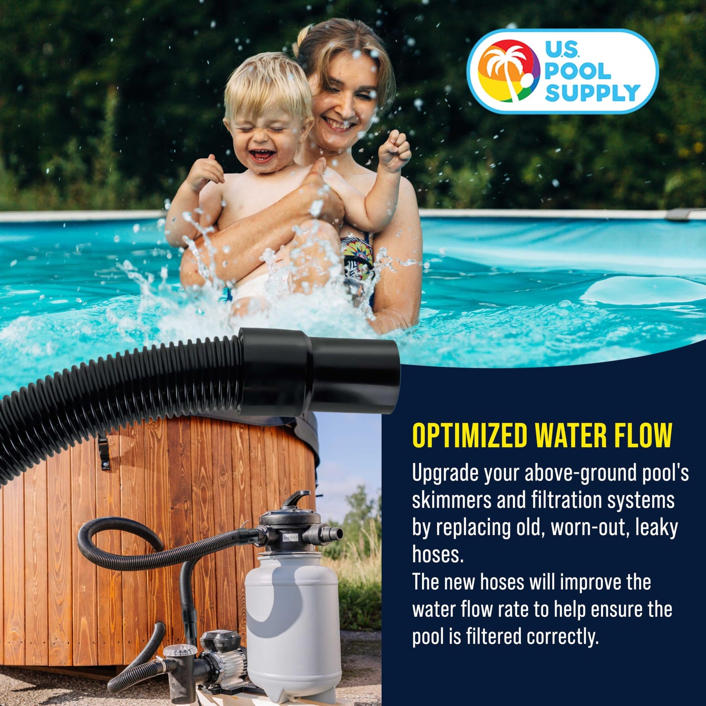 U.S. Pool Supply 8 Foot Heavy-Duty Above Ground Pool Hose, 1.5" - Black Replacement Filter Connecting Hose, Flexible Spiral Wound EVA - Compatible with Intex for Pool Filter Pumps - Skimmer Pump