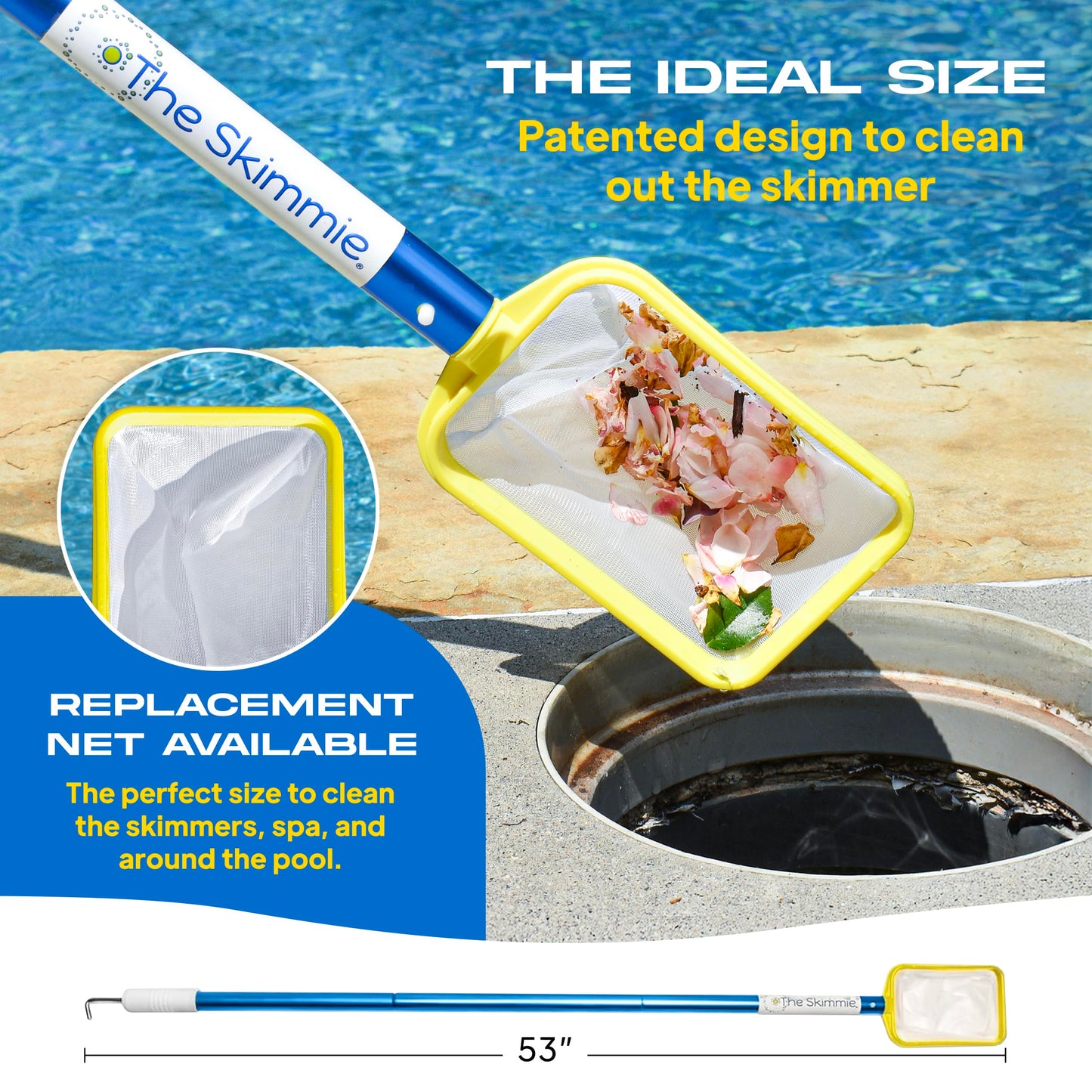 The Skimmie (Long Version) Pool Skimmer Net & Pole 53" with Stainless Steel Hook, Two Skimmer Basket Handles, Fine Mesh Net & Skimmie Dip - Hands-Free Removal of Debris, Bugs, Frogs, Small, Animals