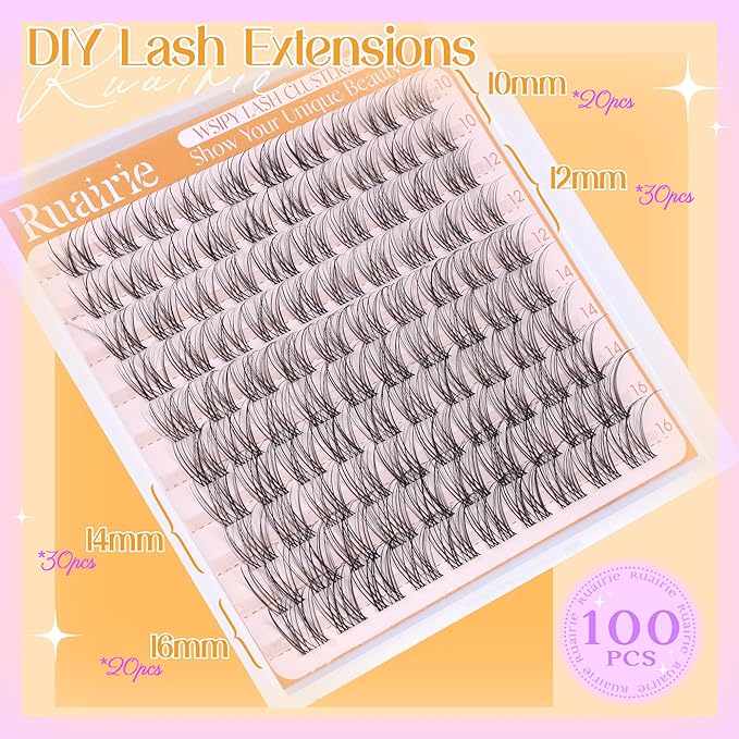 Lash Clusters Natural Eyelash Clusters Wispy Lashes Clusters 10-16mm 100pcs Cluster Eyelash Extensions DIY 3D Individual Lashes Extensions with Invisible Band Natural Lash Extensions by Ruairie