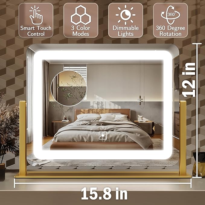 ROLOVE Gold Vanity Mirror with Lights 15" x 12", Lighted Makeup Mirror with 10X Magnification, 3 Color Lighting & Dimmable Brightness, Make Up Mirror with Lighting for Bedroom Tabletop
