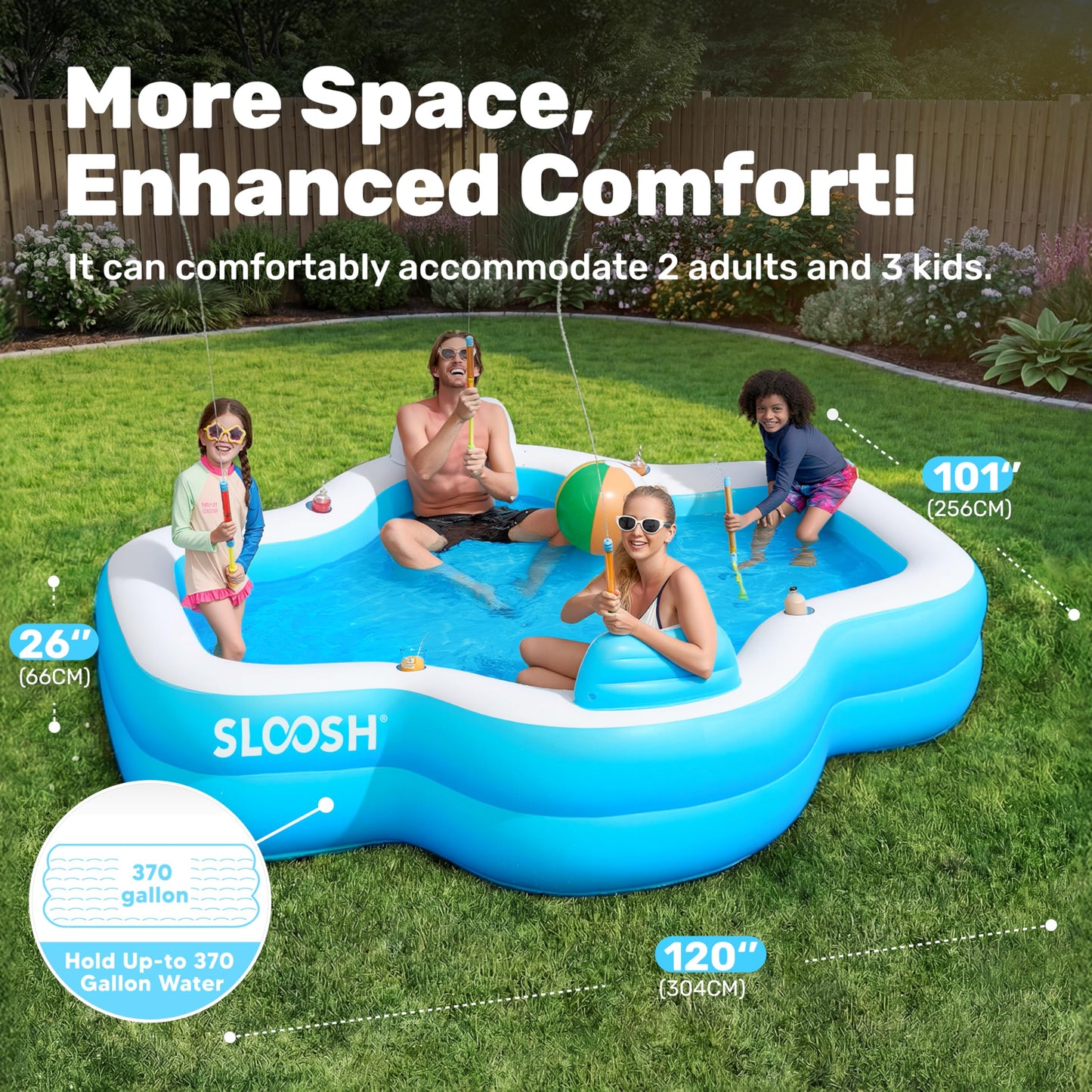 SLOOSH Inflatable Pool for Family with Seats, 120" x 101" x 26" Full-Sized Blow Up Durable Thickened Above Ground Pool with Backrest Cup Holders,Swimming Pools for Backyard Summer Water Lawn, Blue