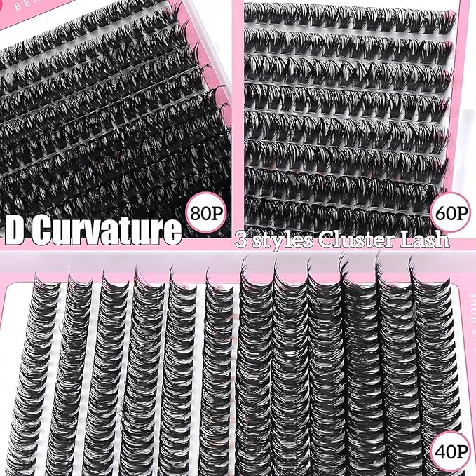 YIDUO Lashes Extensions Kit 3 Styles 8-18mm Wispy D Curly 40P+60P+80P Clusters Kit 720Pcs Individual Volume DIY Eyelash Extension Kit with Bond&Seal |Tweezers | Removers for Beginners