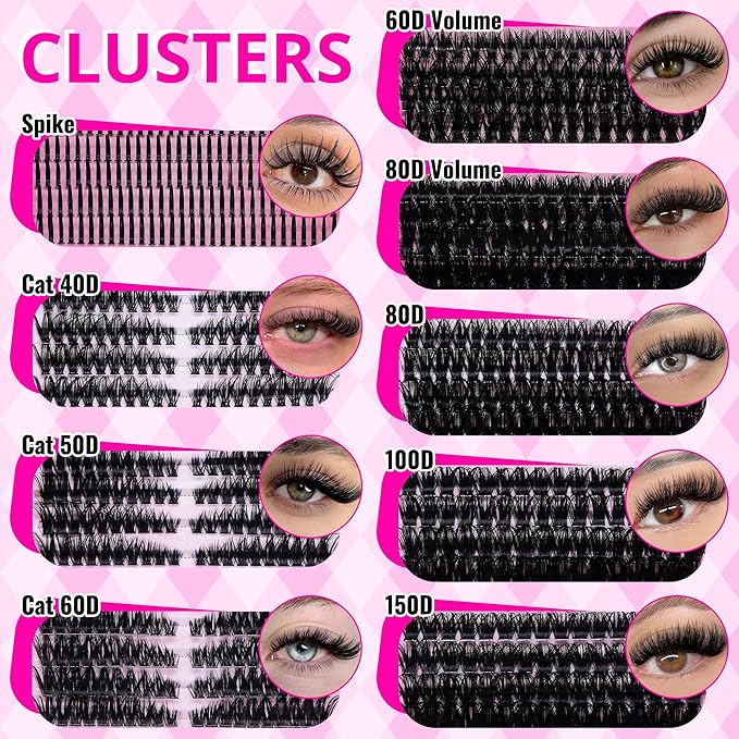 Lash Clusters Kit Bulk 3D Effect Eyelash Clusters Kit Cat Eye Lashes Cluster Eyelash Extensions Pack Colored Lashes Cluster PestaÃÂ±as Postizas Naturales+Bond&Seal,Remover,Tweezers,Cleanser(Lash Kit-7)