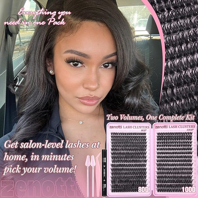 Lash Clusters Kit Fluffy 80D 100D Eyelash Clusters Kit 544PCS Wispy Cluster Eyelash Extensions D Curly Individual Lashes 8-16mm Soft Band DIY at Home with Lash Bond&Seal Tweezers Brush by zenotti