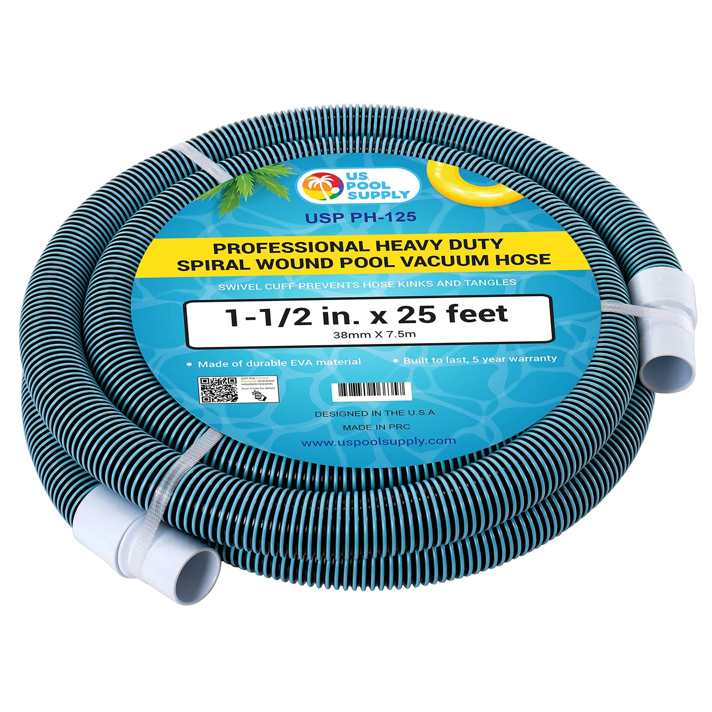 U.S. Pool Supply Pool Vacuum Hose - 1-1/2" x 25' Professional Heavy Duty Pool Hose for Inground, Spiral Wound with Kink-Free Swivel Cuff - Connect to Vacuum Heads, Skimmer, Cleaner, Filter Pump Inlet