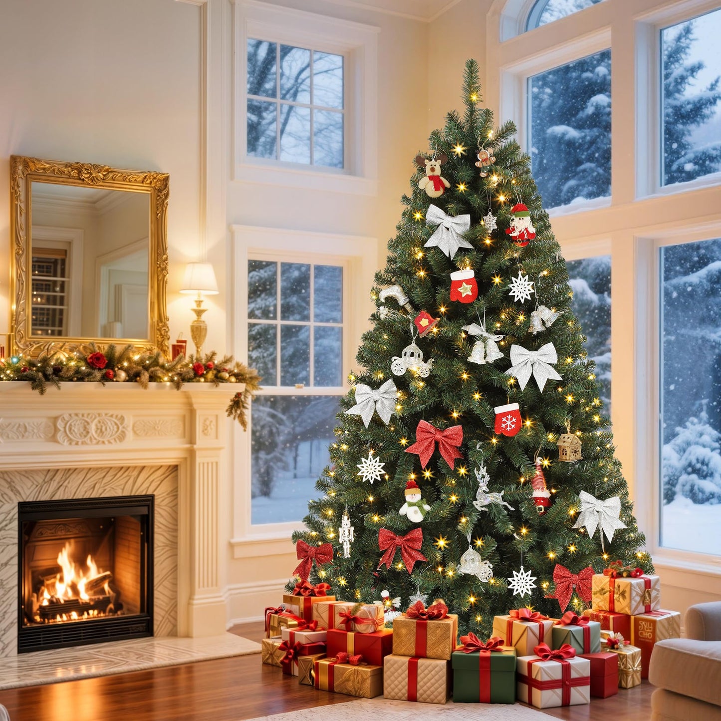 GOOBED Prelit Green Christmas Tree 7.5FT with Remote Control, Pre-Lit Green Artificial Hinged Spruce Christmas Tree with 1450 Tips, 550 LED Lights and 11 Light-Modes for Home, Party Decoration