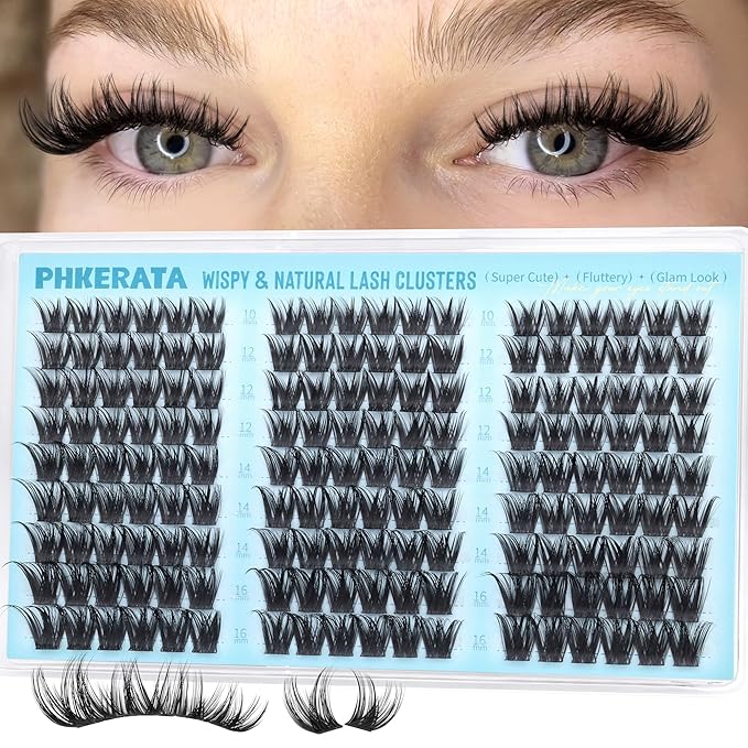 PHKERATA Fluffy Lash Clusters Wispy Eyelash Clusters, 3D Volume Cluster Eyelash Extensions, DIY Individual Lashes with Soft Thin Band, 162Pcs, 10-16mm