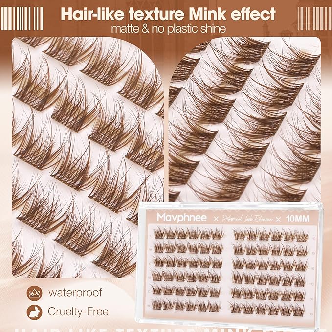 10MM Brown Lash Clusters Wispy Eyelash Extensions with Flexible Clear Band & C Curl, Reusable Natural Cluster Lash Extensions for Everyday Natural & Clean Girl Look