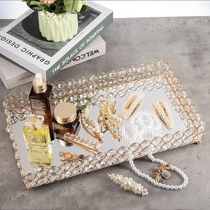 Feyarl Crystal Perfume Fragrance Tray Cosmetic Makeup Vanity Tray Jewelry Trinket Ring Earring Display Organizer Decorative Skin Care Storage for Home Dresser Countertop(13.7 x 7.87 inch)