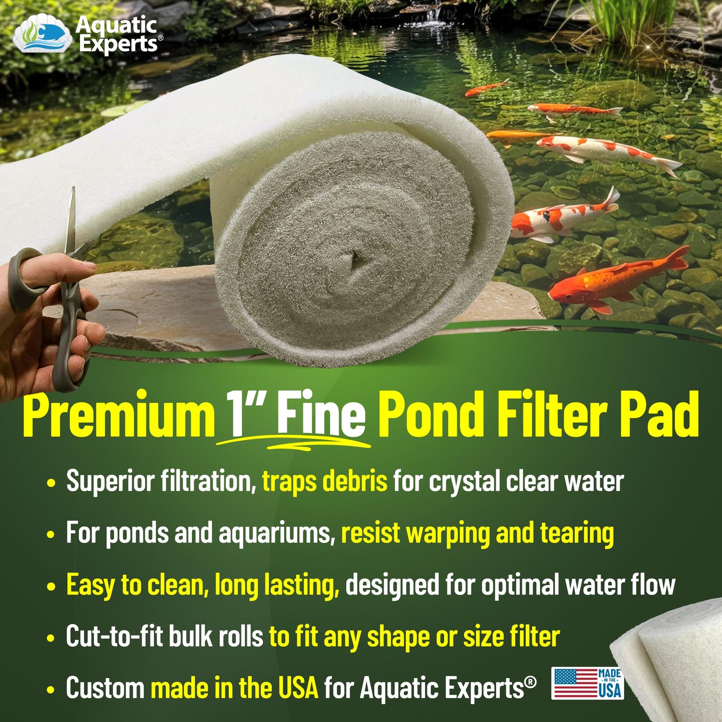 Classic Koi Pond Filter Pad FINE - White Bulk Roll Pond Filter Media, Ultra-Durable Pond Filters for Outdoor Ponds, Reusable Fish Pond Filter Material, USA (3/4" - 1" x 12" x 12 feet)