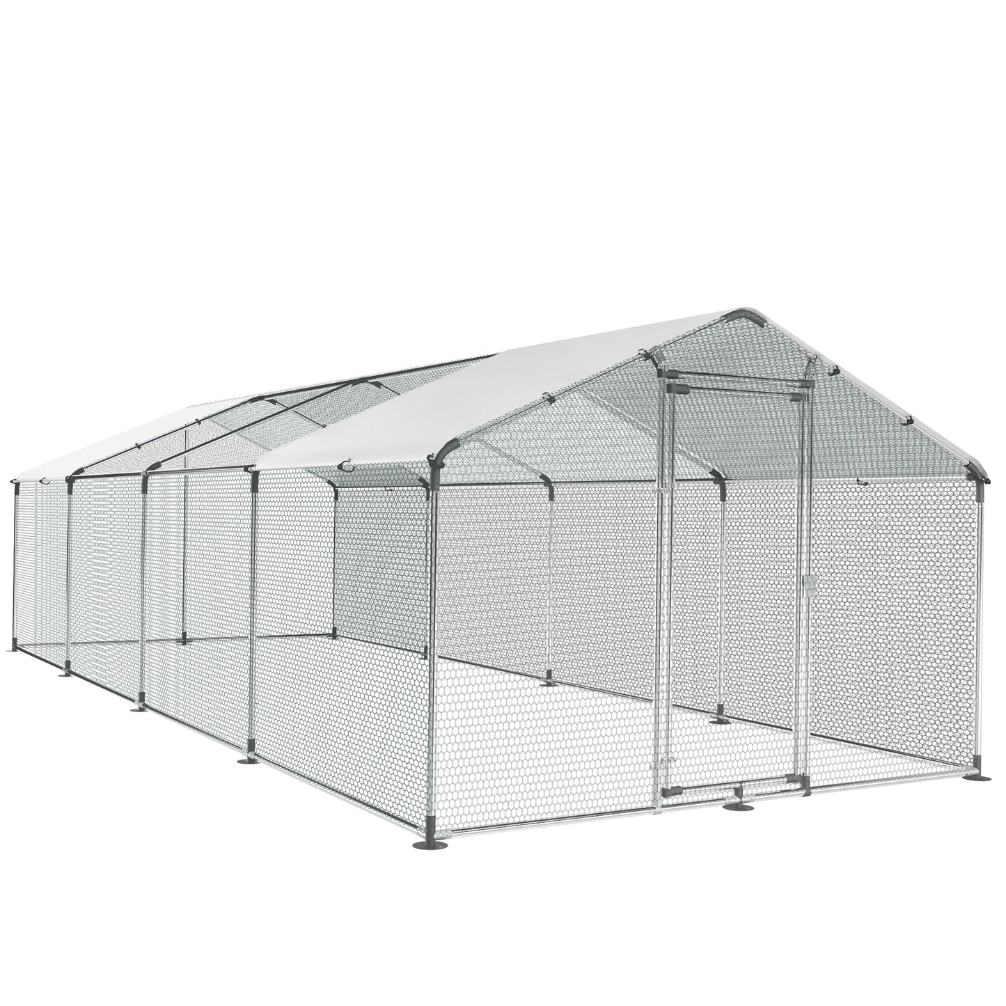 Large Metal Chicken Coop Round Top Upgrade Tri-Supporting Wire Mesh Chicken Run,Chicken Pen with Water-Resident and Anti-UV Cover,Duck Rabbit House Outdoor (Spire Roof 10’ W x 26.2’ L x 6.5’ H)
