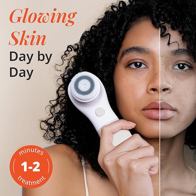 Vanity Planet Raedia Facial Cleansing Brush - Electric Facial Cleansing Brush with 4 Exfoliating Brush Heads - Waterproof, Handheld, Lightweight for Face Scrubber and Exfoliating Face - Warm Grey