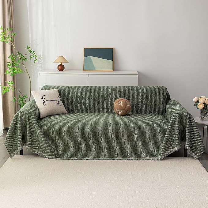 MYSKY HOME Boho Couch Cover Moss Green Sofa Covers with Tassel Farmhouse Sofa Slipcover Simple Couch Protector for Dogs Chenille Sectional Couch Covers L Shaped Couch Cushion Covers, 91"x 134"