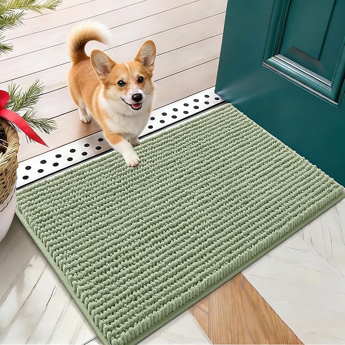 OLANLY Dog Door Mat for Muddy Paws 24x16, Ultra Absorbent Chenille Mud Doormat, Non-Slip Washable and Dirt Trapping Doormat for Indoor Entryway, Quick-Dry Indoor Pet Bed Mats for Dogs, Sage Green