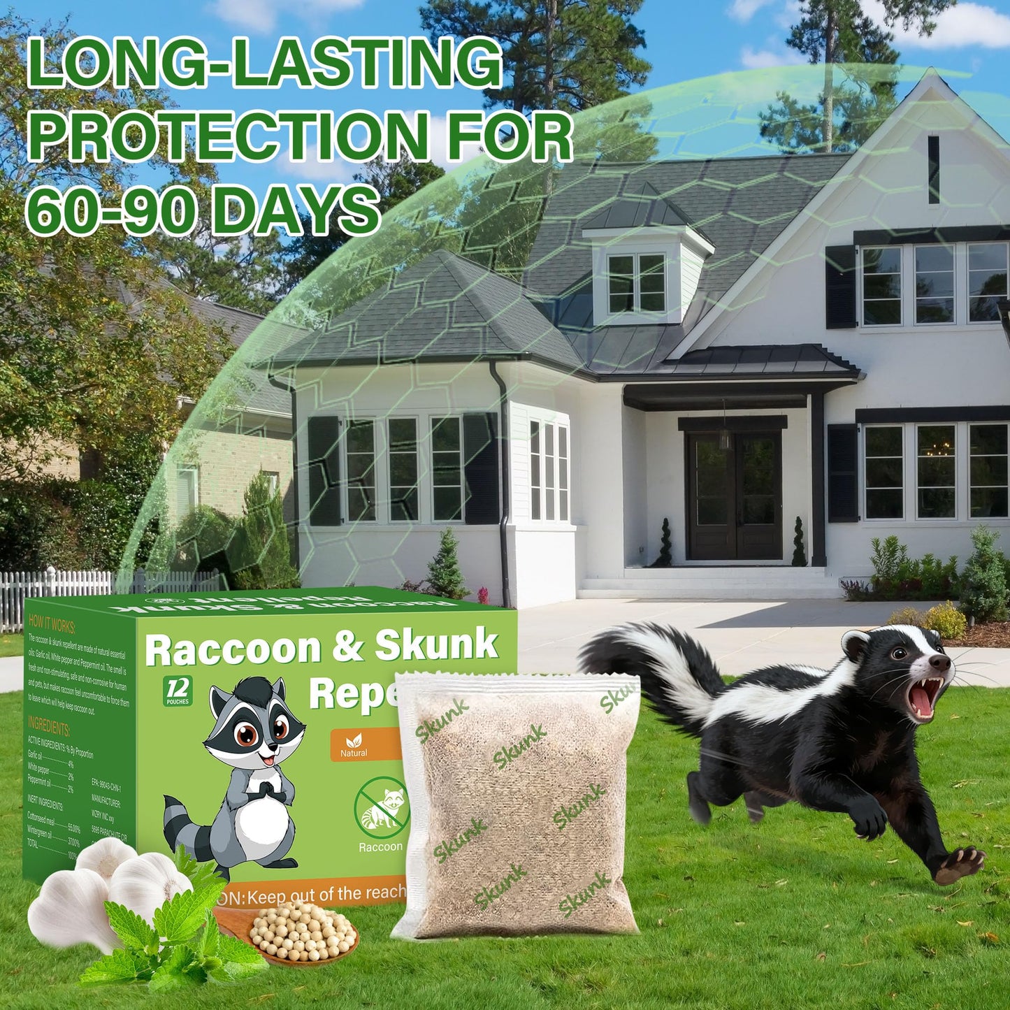 12 Pack Peppermint Skunk Repellent Pouches, Natural Raccoon Repellent Pouch Keep Skunks Out from Outdoor Yard Attic Garden House, Long-Lasting Protection, Safe for Dogs and Children