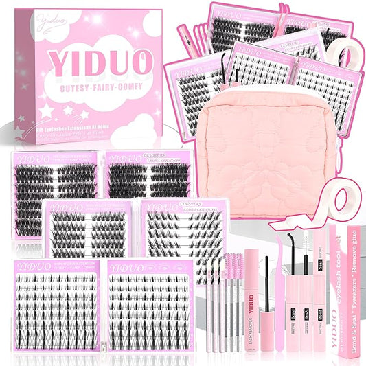 YIDUO 6 Styles Eyeash Clusters Kit Volume/Manga Portable Lash Makeup Bag Kit 8-18mm Cat-Eye Look Wispy Individual Eyelash Extensions, Volume Studio Effect Lashes Kit with Lash Bond and Seal
