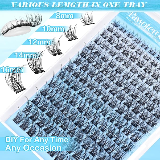 Pawotence Lash Clusters Kit Wispy Lash Extension Kit 8-16mm Natural Cluster Eyelash Extension Kit Individual Lashes 154pcs Eyelash Clusters with Lash Bond and Seal, Lash Tweezers for Self Use