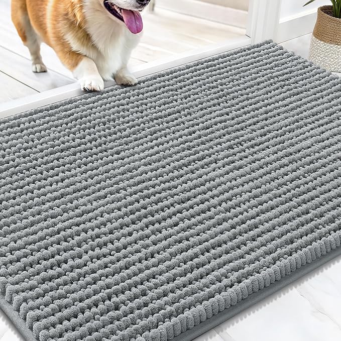 OLANLY Dog Door Mat for Muddy Paws 34x21, Ultra Absorbent Chenille Mud Doormat, Non-Slip Washable and Dirt Trapping Doormat for Indoor Entryway, Quick-Dry Indoor Pet Bed Mats for Dogs, Grey