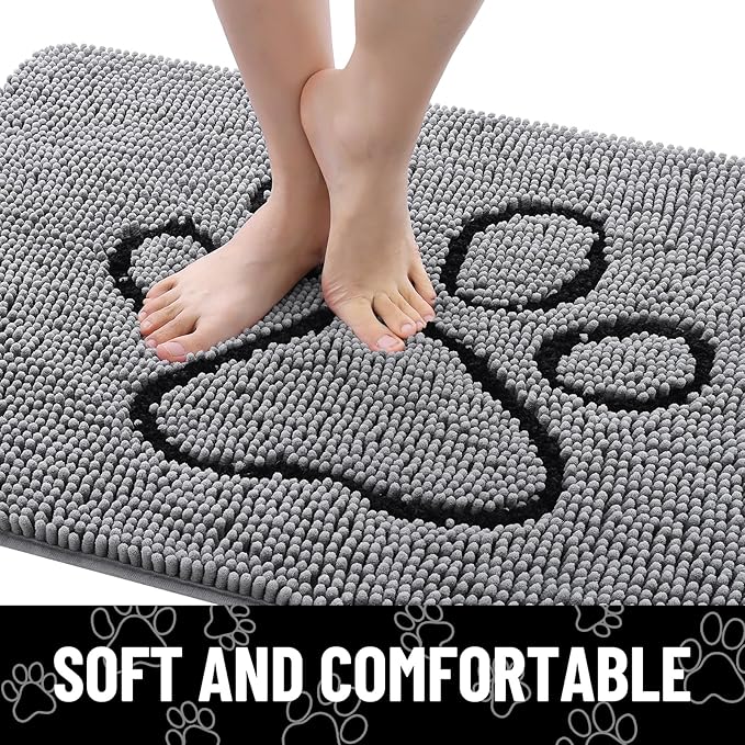 Smiry Dog Door Mat for Muddy Paws, Absorbent Dirt Trapper Non Slip Quick Dry Washable Chenille Mat for Mud Dogs, Entry Rug for Indoor and Outdoor (70x35 Inches, Grey and Black)