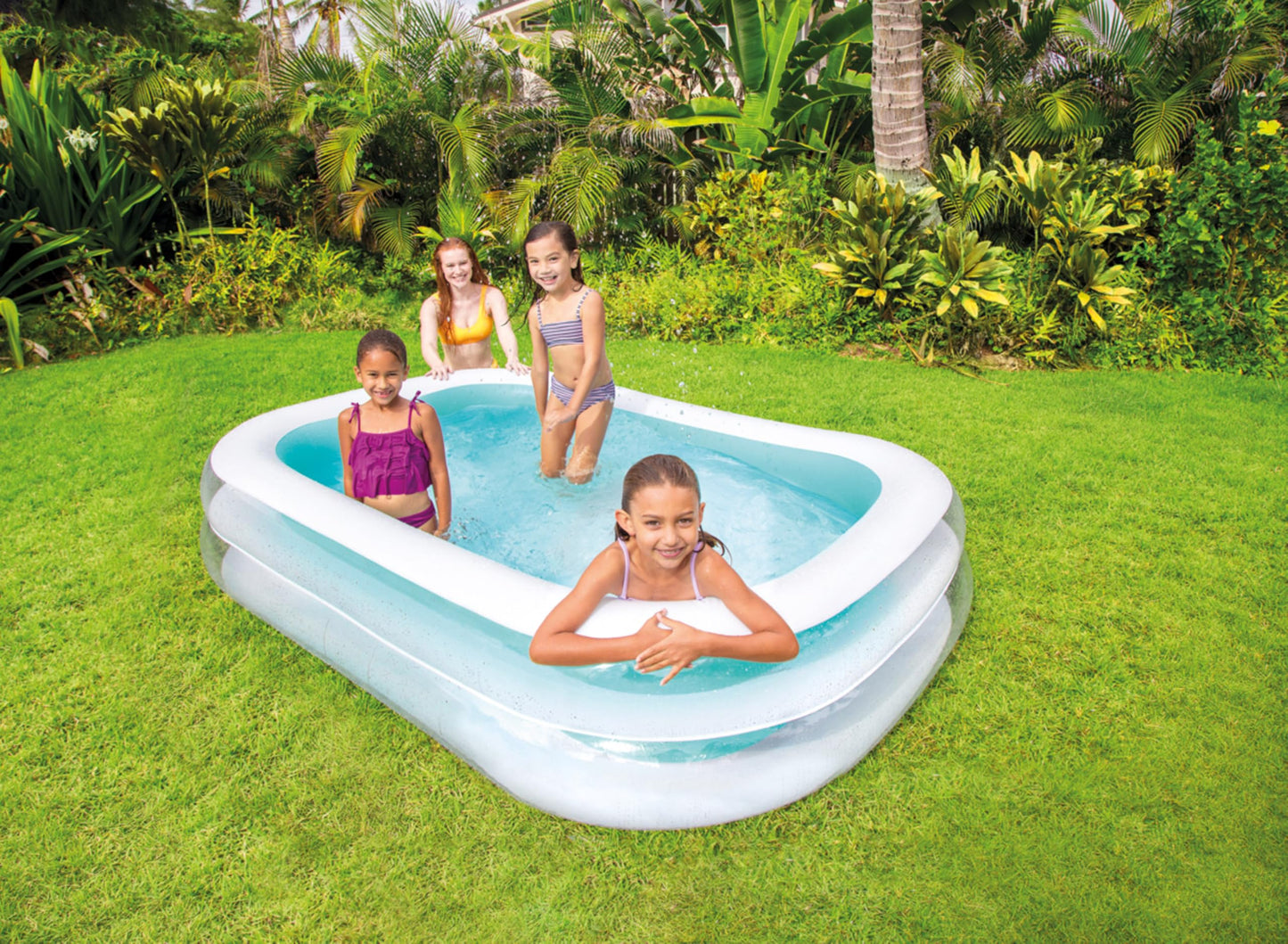 Intex 56483EP Inflatable 8.5' x 5.75' Swim Center Family Pool for 2-3 Kids, Backyard Splash Pool for Children 6+ Years Old, 198-Gallons, Blue & White