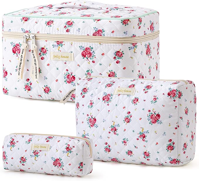HBselect Quilted Makeup Bag, 3PCS Cotton Large Travel Makeup Bag, Cute Floral Coquette Make up Bag Cosmetic Bag Toiletry Bag for Women Girls