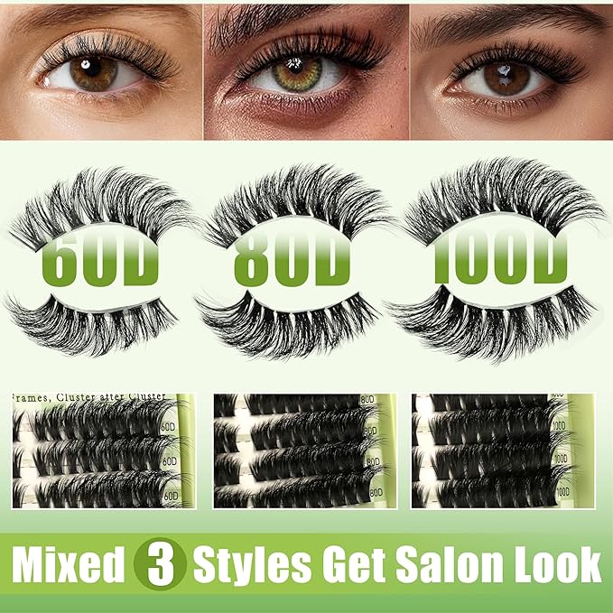 Lash Clusters Kit Natural Cat Eye D Curl Lash Clusters 520Pcs DIY Individual Lashes Clusters Lash Extension Kit Thin Band Wispy Eyelash Clusters Lash Bond and Seal Lash Tweezers