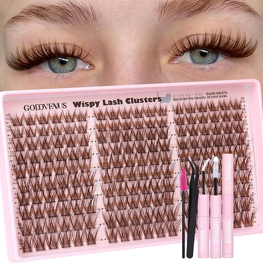 Goddvenus Brown Wispy Eye Lash Clusters Kit Natural Cluster Eyelash Extensions Kit False Eyelash Clusters Fluffy DIY Individual Lash Extensions Kit C Curl