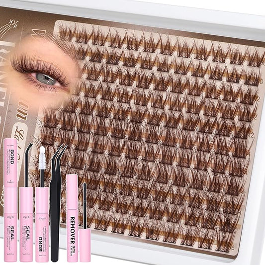 Brown Lash Clusters Kit Wispy Lash Extension Kit Natural Cluster Eyelash Extensions C Curly Individual Lashes 10-16mm Eyelash Extension Kit with Lash Bond and Seal Lash Remover by Lanflower
