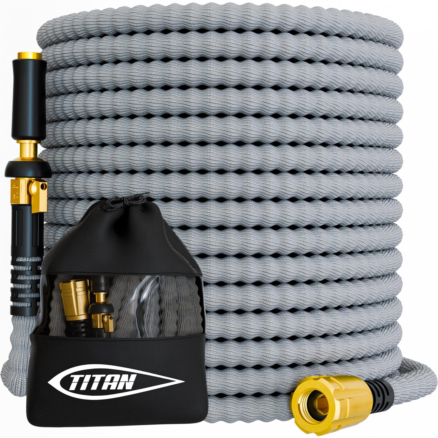 TITAN Flexible Garden Hose 100FT â Ultra Lightweight, Heavy Duty Water Hose with Brass Fittings & Jet Nozzle â Kink-Free, Non-Expanding, Durable Fabric Hose for Yard, Lawn, Car Wash, Outdoor Use