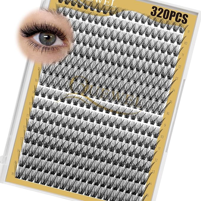 QUEWEL Lash Clusters 320Pcs Cluster Lashes 40D+50D D Curl Lash Cluster Eyelash Extensions Mix9-16mm Individual Eyelashes Clusters Wispy Lash Clusters Thin Band Soft to Use at Home(40D+50D D Mix9-16)