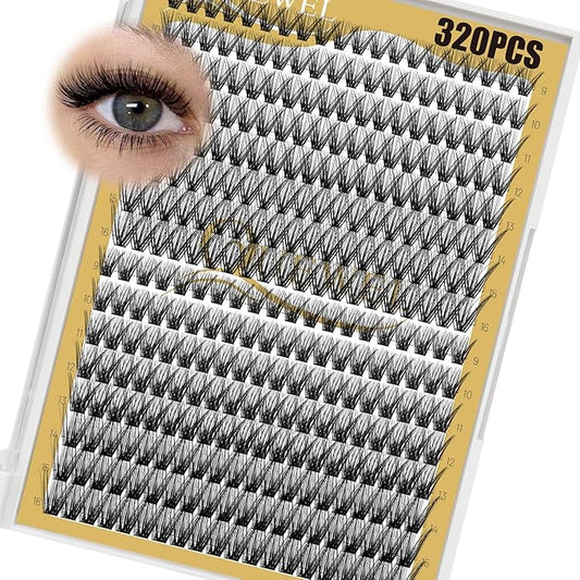 QUEWEL Lash Clusters 320Pcs Cluster Lashes 40D+50D D Curl Lash Cluster Eyelash Extensions Mix9-16mm Individual Eyelashes Clusters Wispy Lash Clusters Thin Band Soft to Use at Home(40D+50D D Mix9-16)