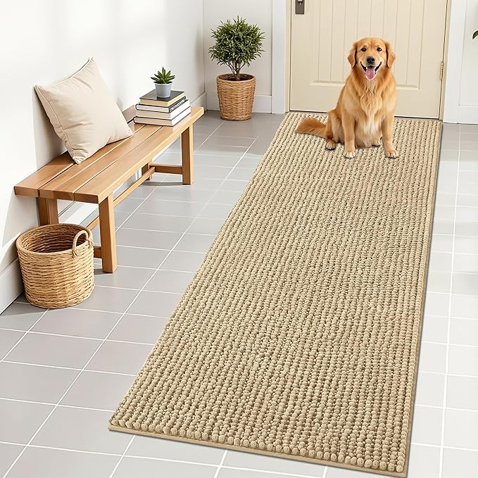 OLANLY Dog Door Mat for Muddy Paws 70x24, Ultra Absorbent Chenille Mud Doormat, Non-Slip Washable and Dirt Trapping Doormat for Indoor Entryway, Quick-Dry Indoor Pet Bed Mats for Dogs, Beige