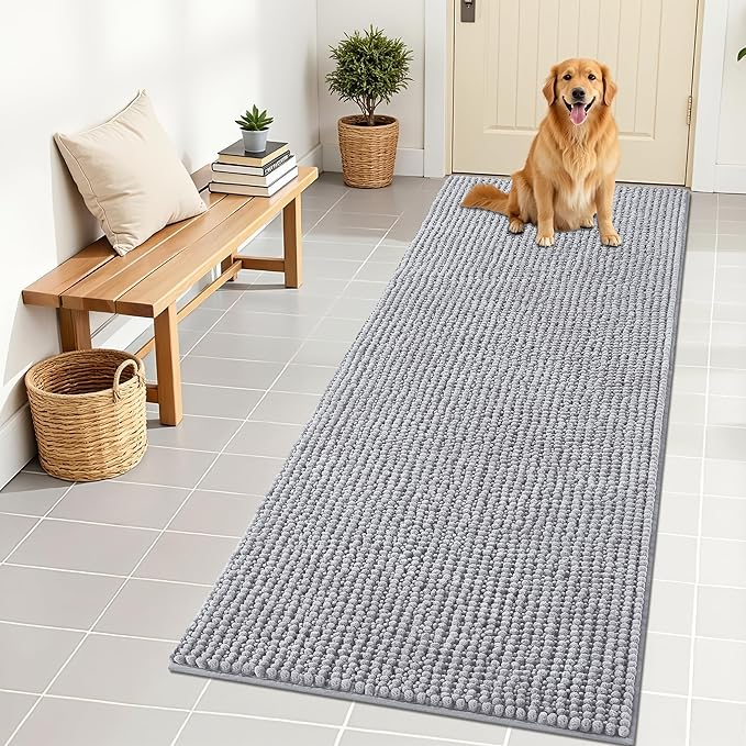 OLANLY Dog Door Mat for Muddy Paws 70x24, Ultra Absorbent Chenille Mud Doormat, Non-Slip Washable and Dirt Trapping Doormat for Indoor Entryway, Quick-Dry Indoor Pet Bed Mats for Dogs, Light Grey