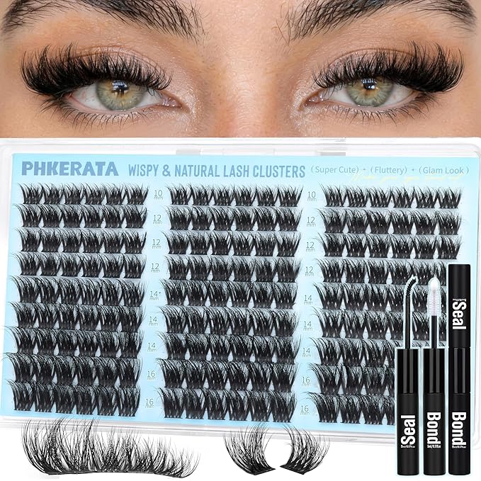 PHKERATA Fluffy Lash Clusters Kit Wispy DIY Eyelash Clusters for Volume, C Curl Cluster Eyelash Extensions Kit with Bond and Seal, at Home Lash Extension Kit, 10-16mm (No Tweezers)