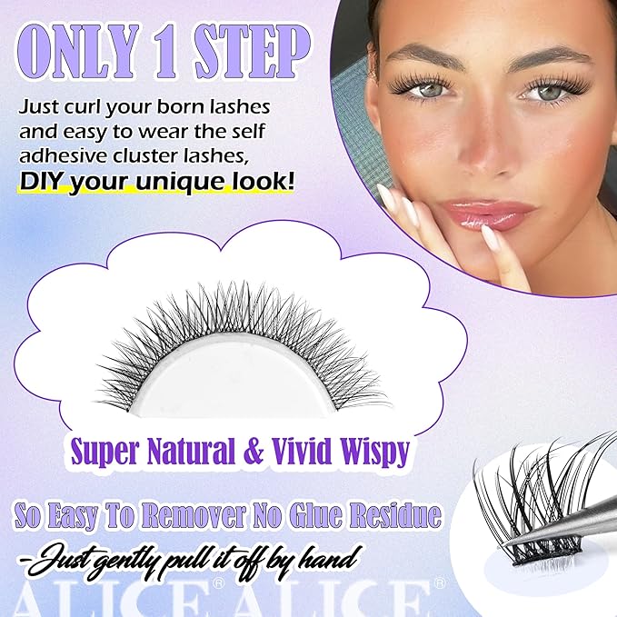 Self Adhesive Eyelashes Reusable Natural Self Adhesive Lash Clusters Wispy Press on Lashes Pre-Glue 8-12mm 120pcs C Curl DIY Eyelash Extensions Kit No Glue Needed by ALICE