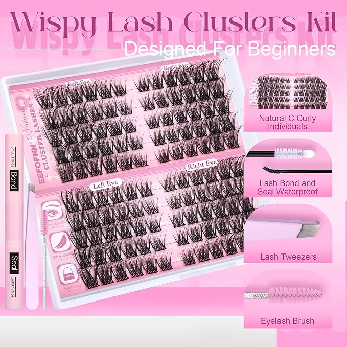 Lash Clusters Kit Wispy Cluster Eyelash Extensions Kit Natural Eyelash Clusters with Lash Bond and Seal Waterproof Tweezers 11-16mm C-Curly Individual Lashes 120pcs DIY Lash Extension Kit by Eefofnn