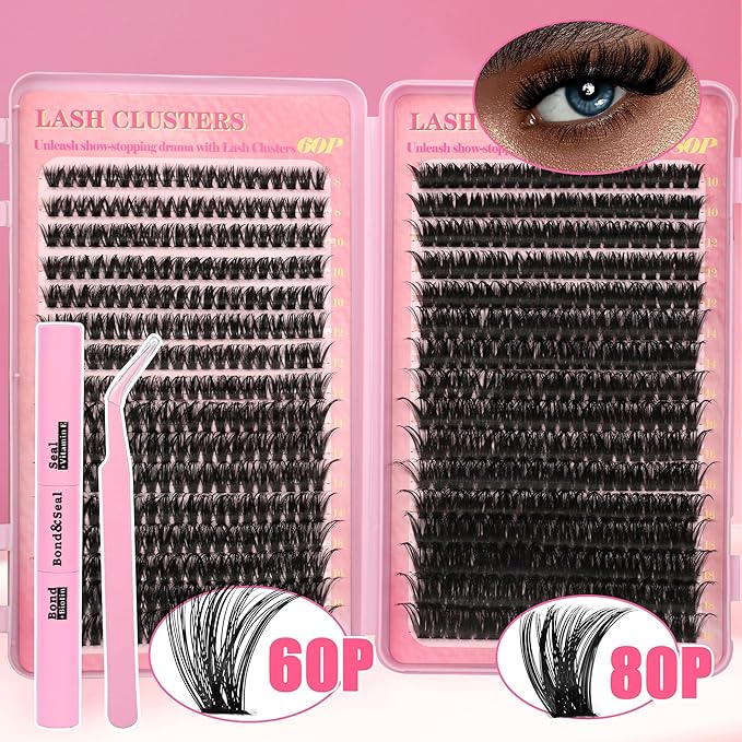 Lash Extension Kit Lash Clusters Kit 640Pcs Volume Eyelash Clusters C Curl Lashes Clusters DIY Cluster Eyelash Extensions With Lash Bond and Seal Lash Tweezers