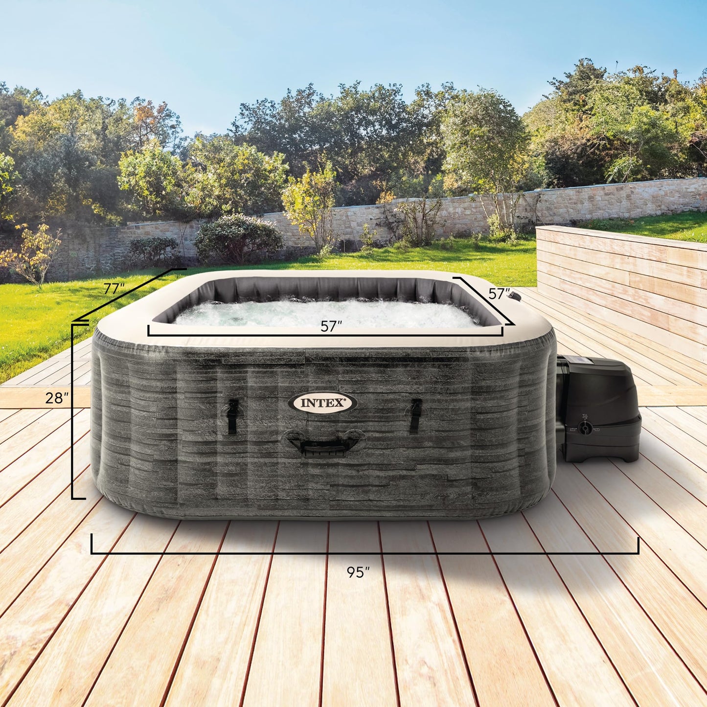 INTEX PureSpa Greystone Deluxe 6 Person Square Inflatable Hot Tub, Bubble Massage Spa Set with Energy Efficient Cover, 2 Headrests, & LED Light, 77 in x 28 in
