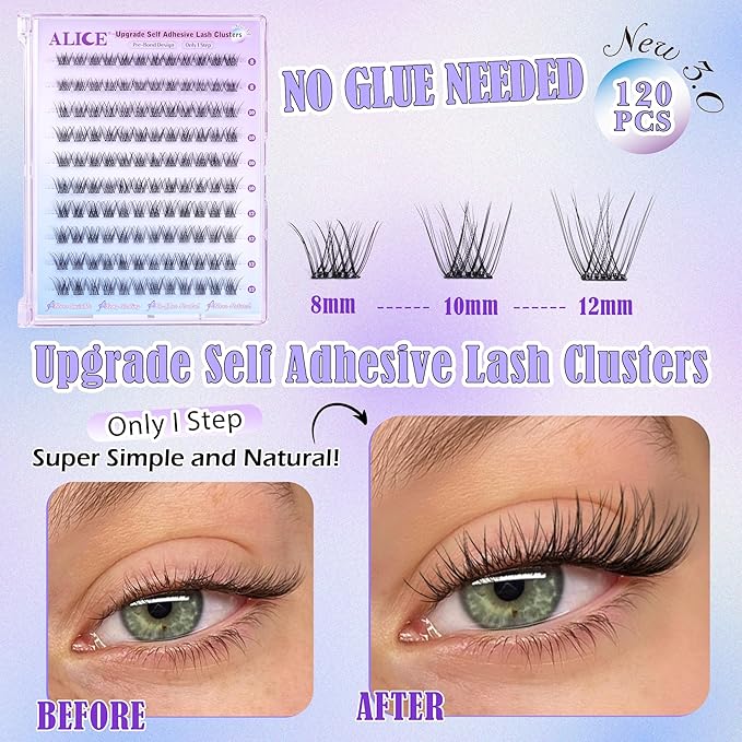 Self Adhesive Eyelashes Reusable Natural Self Adhesive Lash Clusters Wispy Press on Lashes Pre-Glue 8-12mm 120pcs C Curl DIY Eyelash Extensions Kit No Glue Needed by ALICE