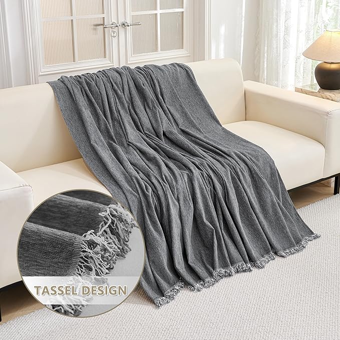 MYSKY HOME Boho Couch Cover Charcoal Gray Sofa Covers with Tassel Farmhouse Sofa Slipcover Simple Couch Protector for Dogs Chenille Sectional Couch Covers L Shaped Couch Cushion Covers, 91"x 134"