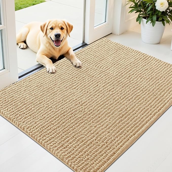 OLANLY Dog Door Mat for Muddy Paws 40x32, Ultra Absorbent Chenille Mud Doormat, Non-Slip Washable and Dirt Trapping Doormat for Indoor Entryway, Quick-Dry Indoor Pet Bed Mats for Dogs, Beige