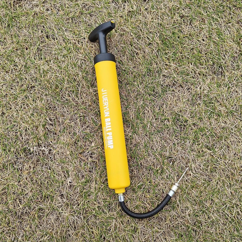 Ball Pump with Needle Storage in Handle - 5 Metal Needles, Flexible Hose - for Soccer, Basketball, Volleyball, Handball - Yellow
