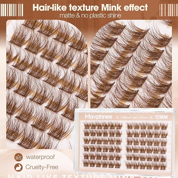 12MM Lash Clusters Brown Eyelash Clusters Natural Fluffy Wispy Cluster Eyelash Extensions with Clear Band & C Curl - For Noticeable But Not Dramatic Look, Soft Glam Sweet Spot