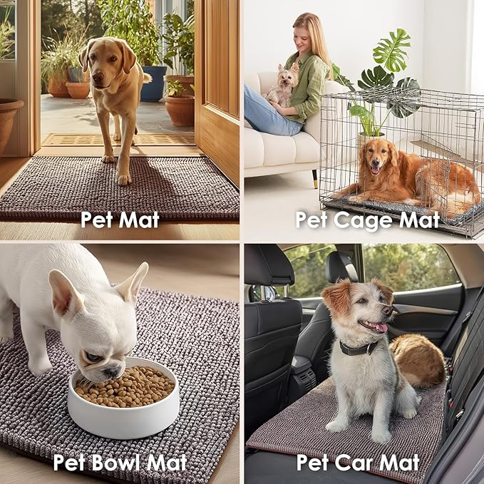 EHEYCIGA Super Absorbent Dog Door Mat for Muddy Paws 24x16 Inch Indoor, Front Doormat Outside Entrance, Quick Dry Chenille Washable Dog Crate Bed, Non-Slip Pet Rug Mud Mat Outdoor Entryway, Brown