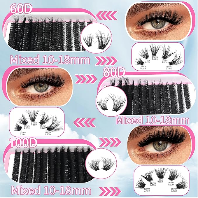YIDUO 60D+80D+100D Lash Cluster Kit 3 style Volume Clusters Lashes Eyelashes Kit 696Pcs Wispy 10-18mm DIY Individual Eyelash Extensions Wholesale Combo Pack with Glue|Tweezers|Removers